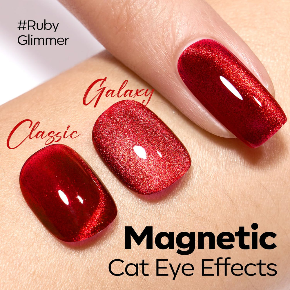Modelones gel rojo iridiscente con glitter para acabado glamuroso.