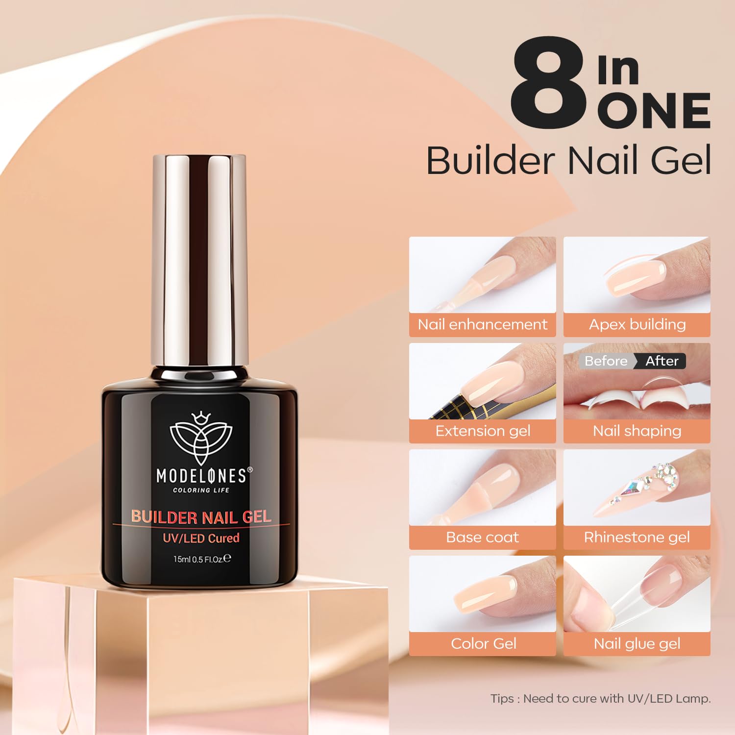 Gel constructor Modelones: extender longitud para uñas más largas.
