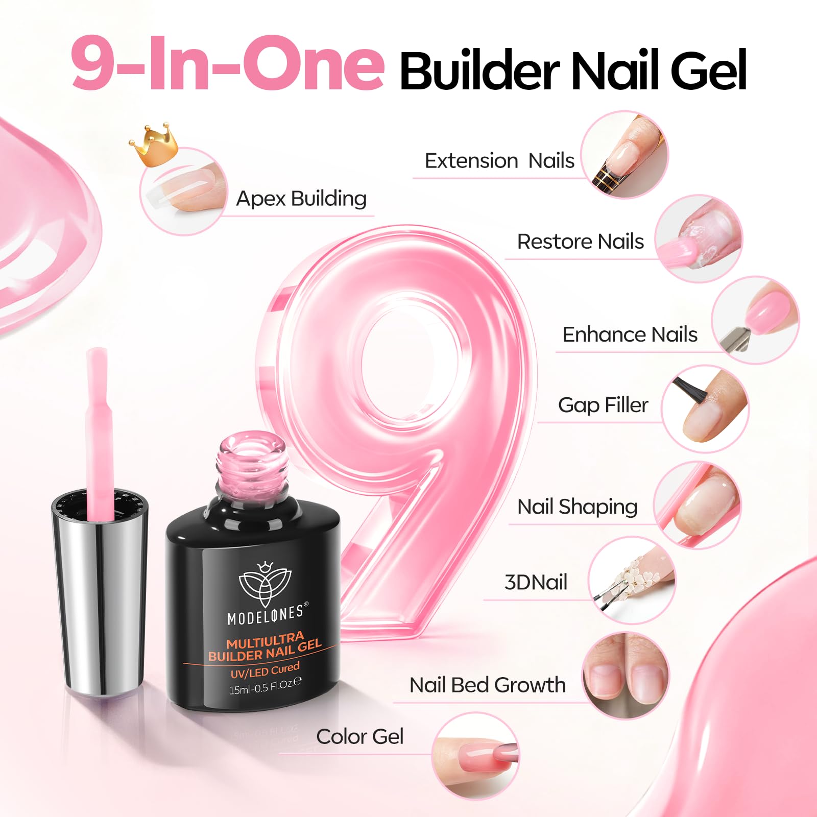 Modelones Builder Nail Gel sin capa final, ahorro de pasos y acabado brillante.
