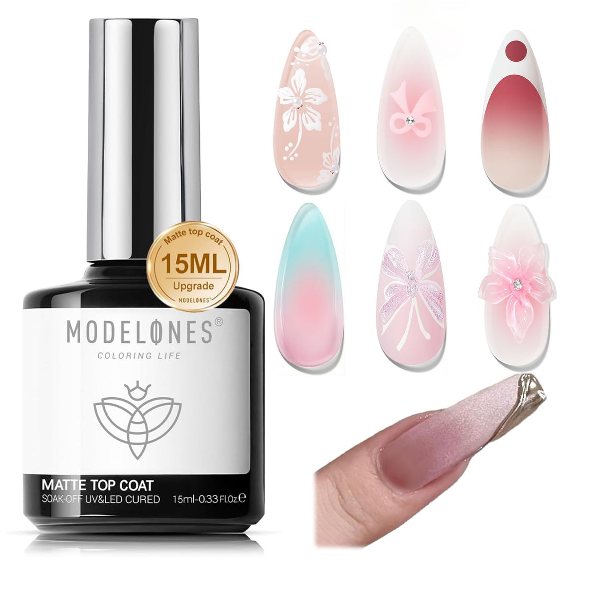Modelones capa mate gel 15ml, acabado duradero para uñas.