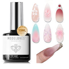 Modelones capa mate gel 15ml, acabado duradero para uñas.