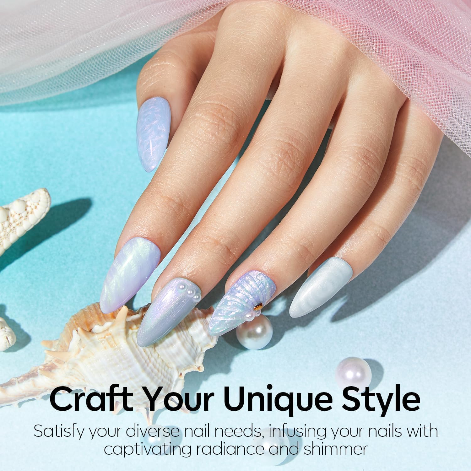 Modelones efecto sirena azul celeste, destellos sutiles para uñas brillantes.