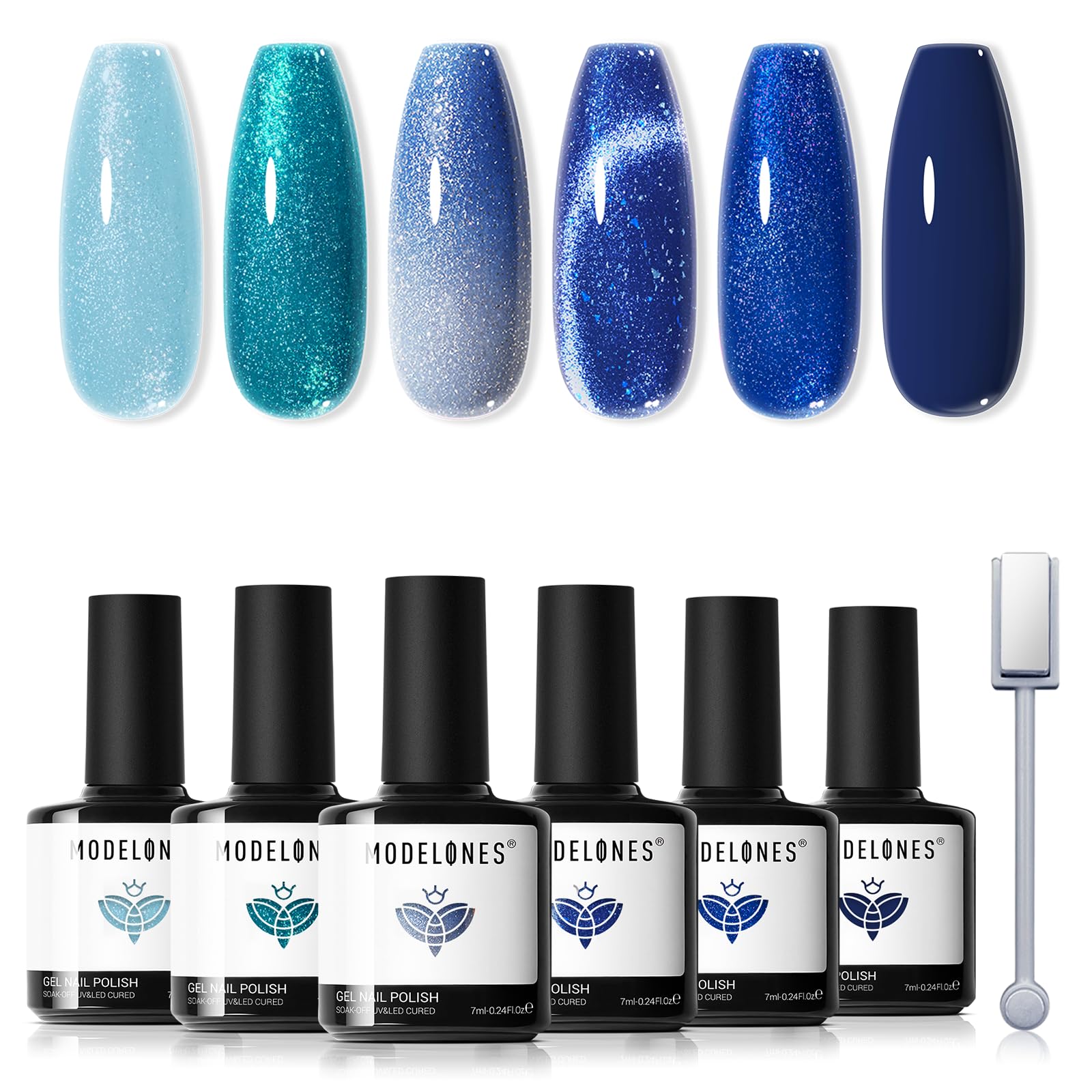 Modelones esmalte gel azul, seis colores, acabado duradero para uñas elegantes.