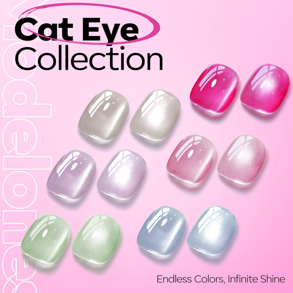 Modelones ojo-de-gato 6d, destellos versátiles sobre bases desnudas o negras.