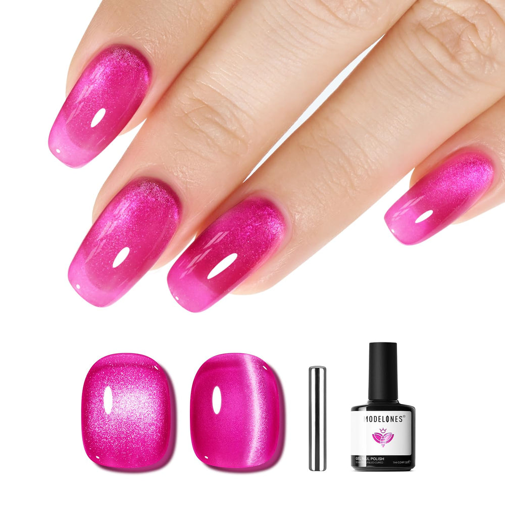 Modelones ojo-de-gato rosa brillante, efecto holográfico para uñas.