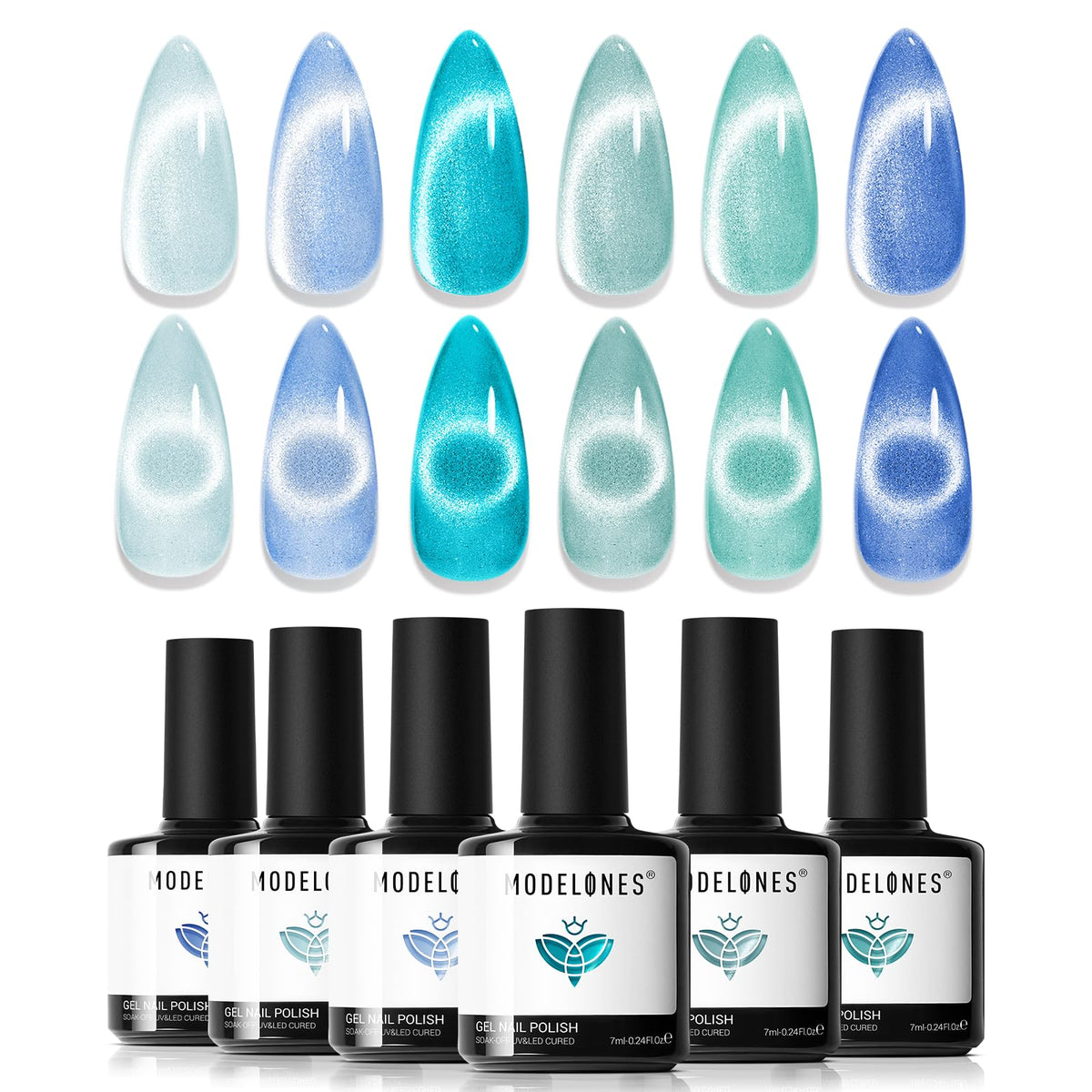 Modelones esmalte gel ojo-gato azul claro con brillo duradero.