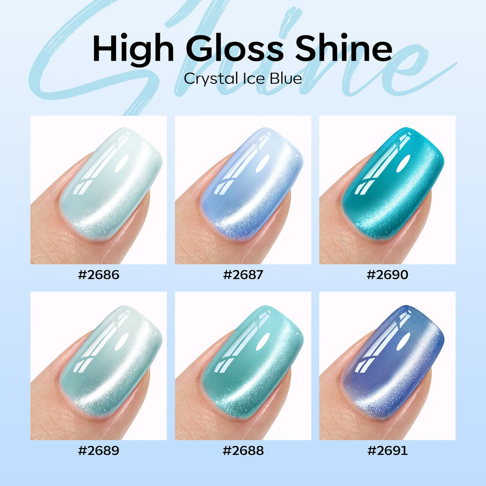Modelones esmalte gel ojo-gato verde-agua para uñas elegantes.