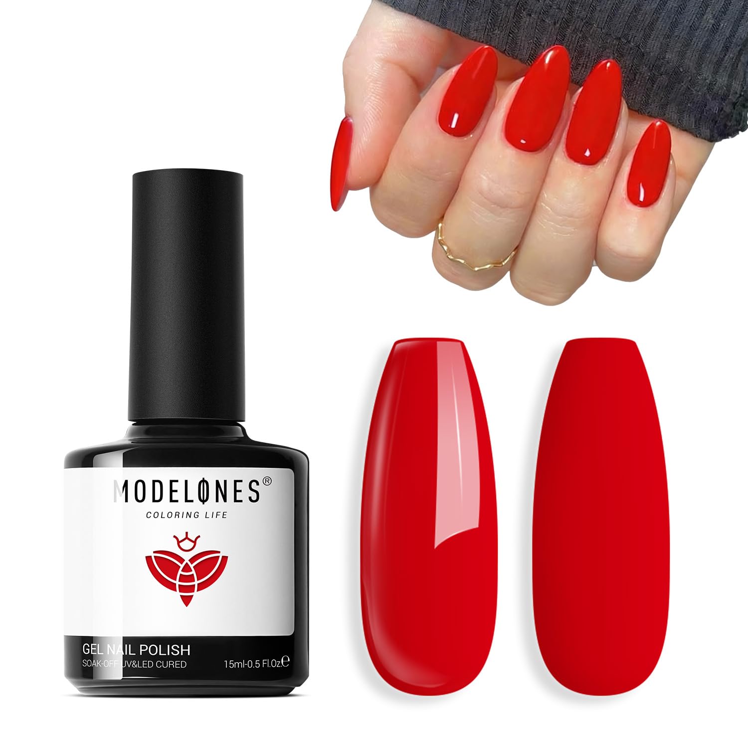 Modelones esmalte rojo en botella, tono intenso para manicura duradera.