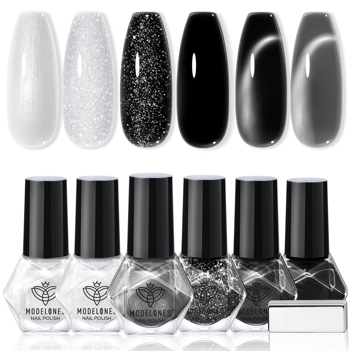 Modelones esmalte en 6 colores blanco y negro para manicuras versátiles en casa.