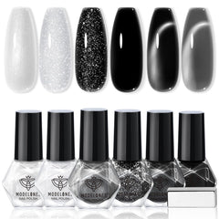 Modelones esmalte en 6 colores blanco y negro para manicuras versátiles en casa.