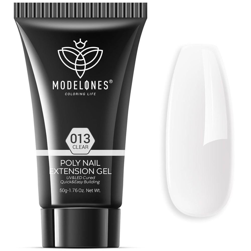 Modelones Gel Poly 50ml en tubo, claridad para extensiones limpias.