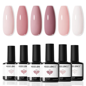 Set de esmaltes gel Modelones con seis tonos rosados neutros para uñas.