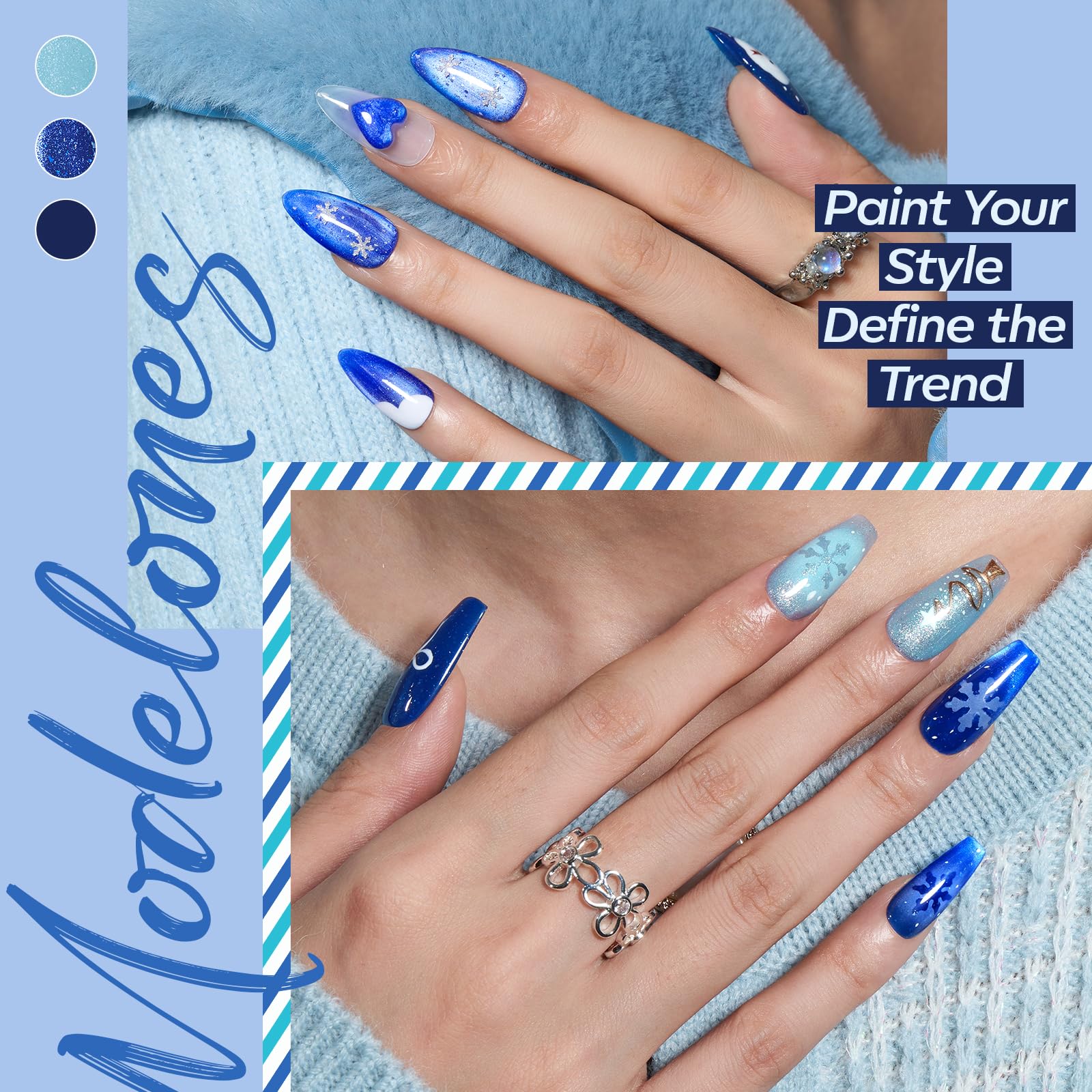 Modelones pegatinas de nieve magnéticas para uñas con estilo festivo.