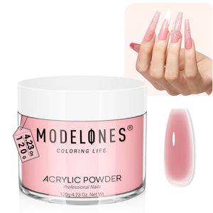 Modelones polvo acrílico 120 g, base clara para uñas fuertes y acabado liso.