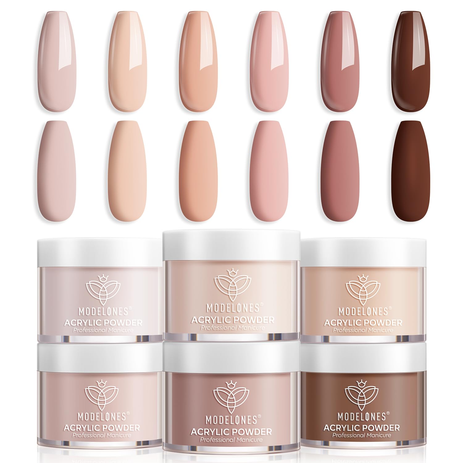 Modelones polvo acrílico 6 colores: conjunto nude para looks de uñas diarios y elegantes.
