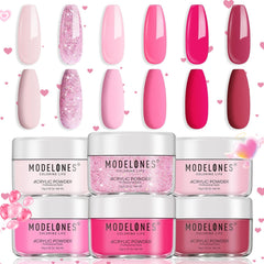 Modelones polvo acrílico rosa 6 colores para manicura en casa con acabado suave y natural.