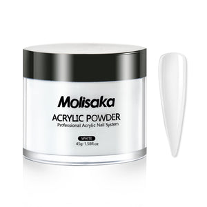 Polvo acrílico blanco de Molisaka para una base suave y duradera en uñas.