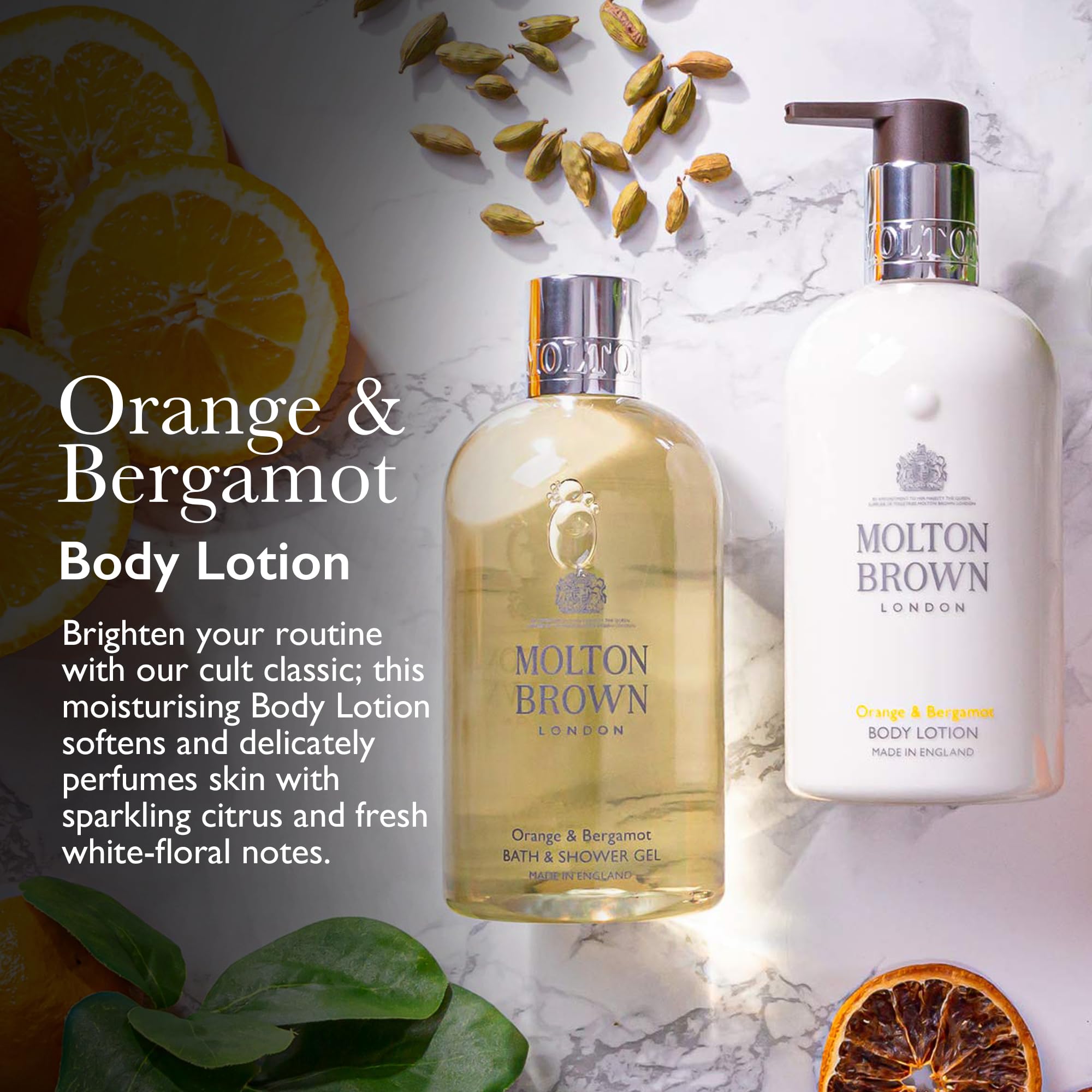 Molton Brown Aplicación de loción en la piel, sensación sedosa y uso diario.