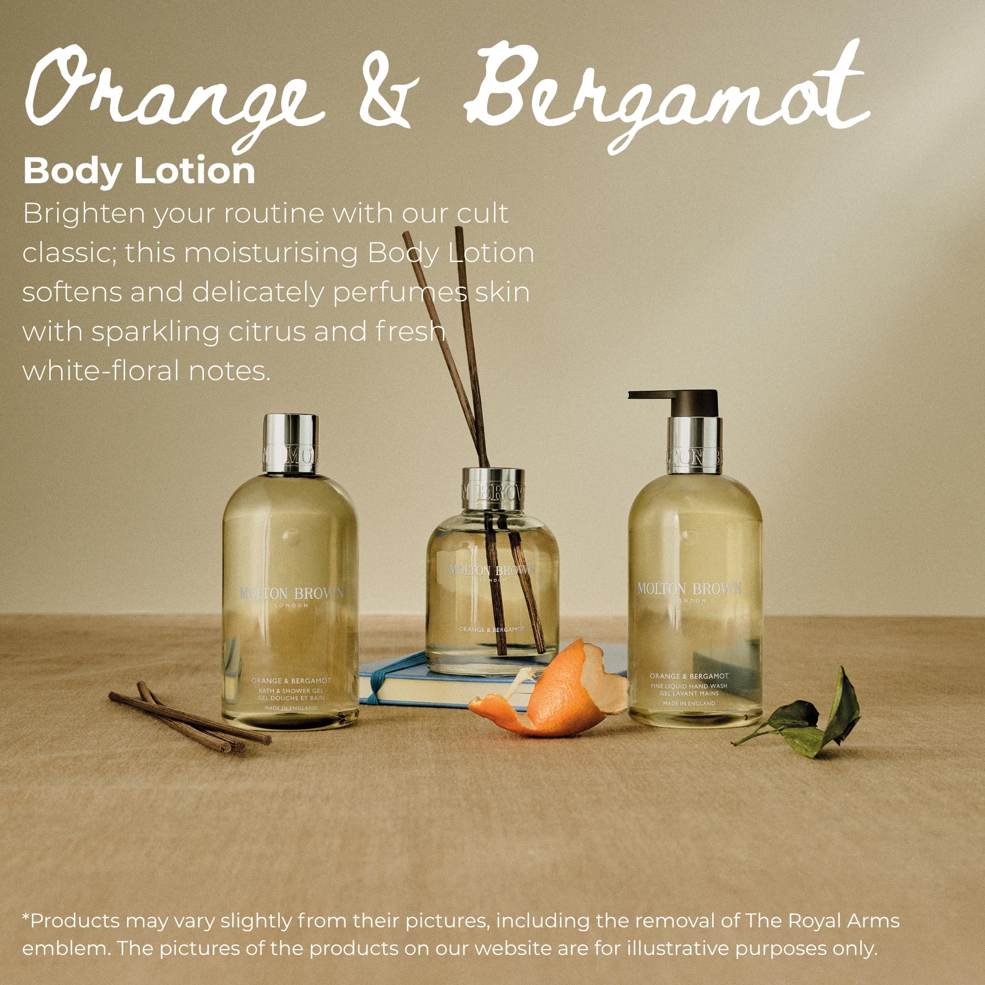 Molton Brown Frutas cítricas, naranja y bergamota, sensación revitalizante en la piel.