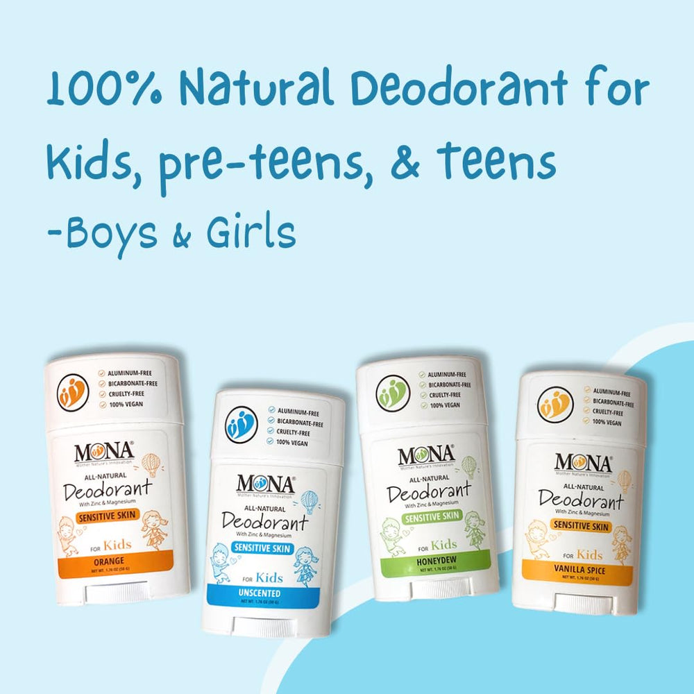 Pack de 4 desodorantes Mona sin aroma, perfecto para familia.