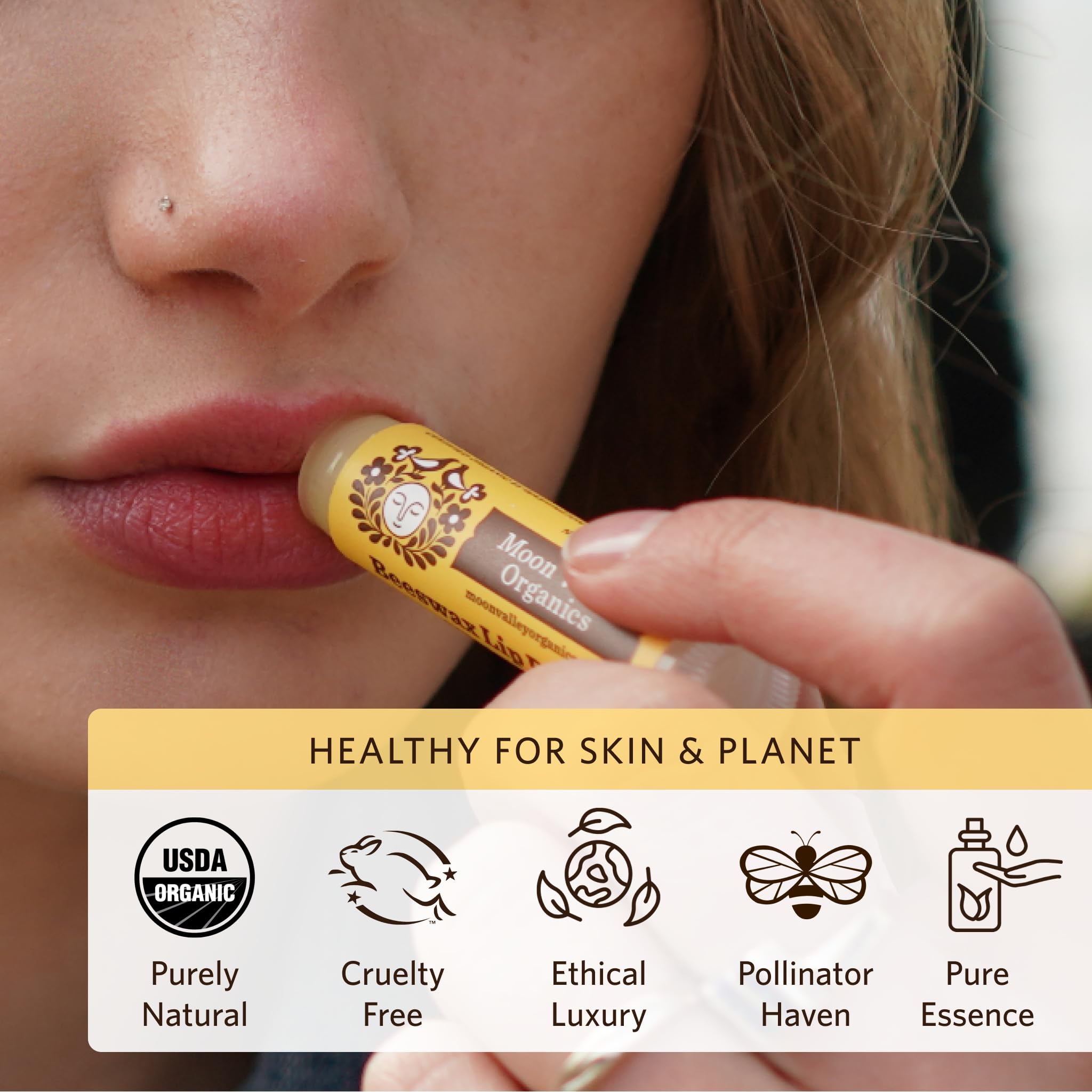 Moon Valley Organics Balsamo labios Miel Dulce, aroma vainilla y menta para sensacion fresca.