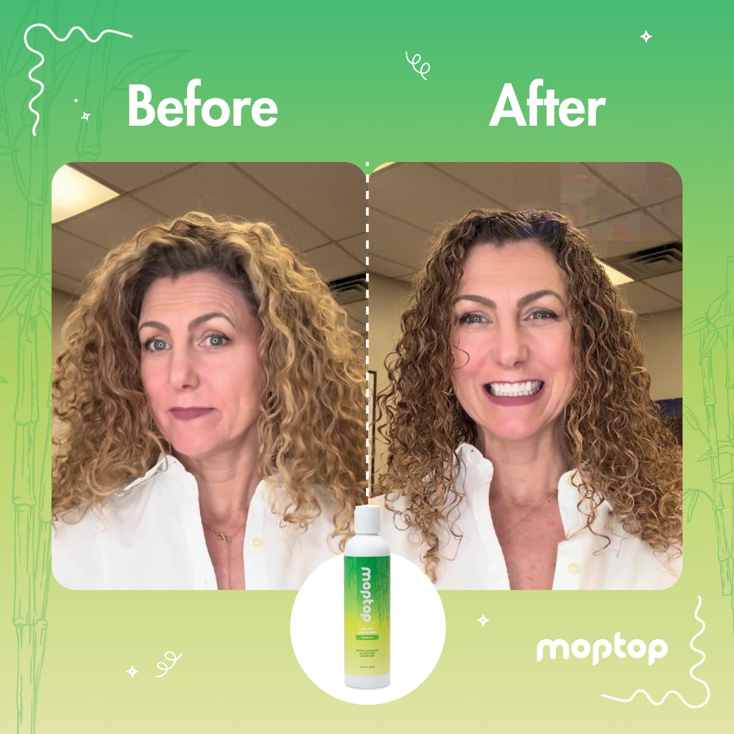 MopTop Gentle Shampoo se aplica masajeando el cuero cabelludo para limpieza profunda.