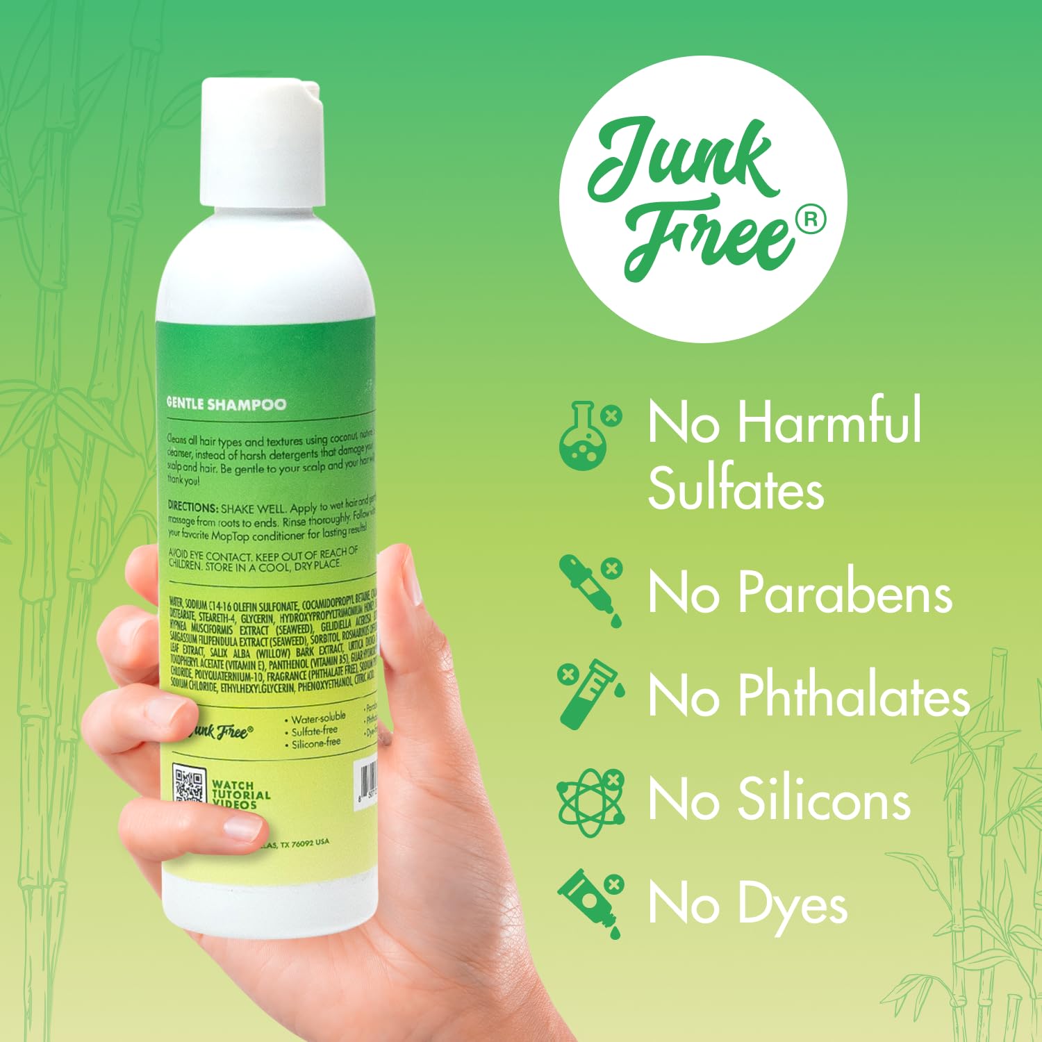 MopTop Gentle Shampoo con miel y aloe para cabello y cuero cabelludo más suaves.