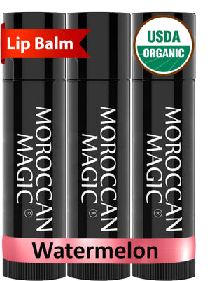 Bálsamo labial Moroccan Magic sandía en empaque conjunto 3, ideal regalo.