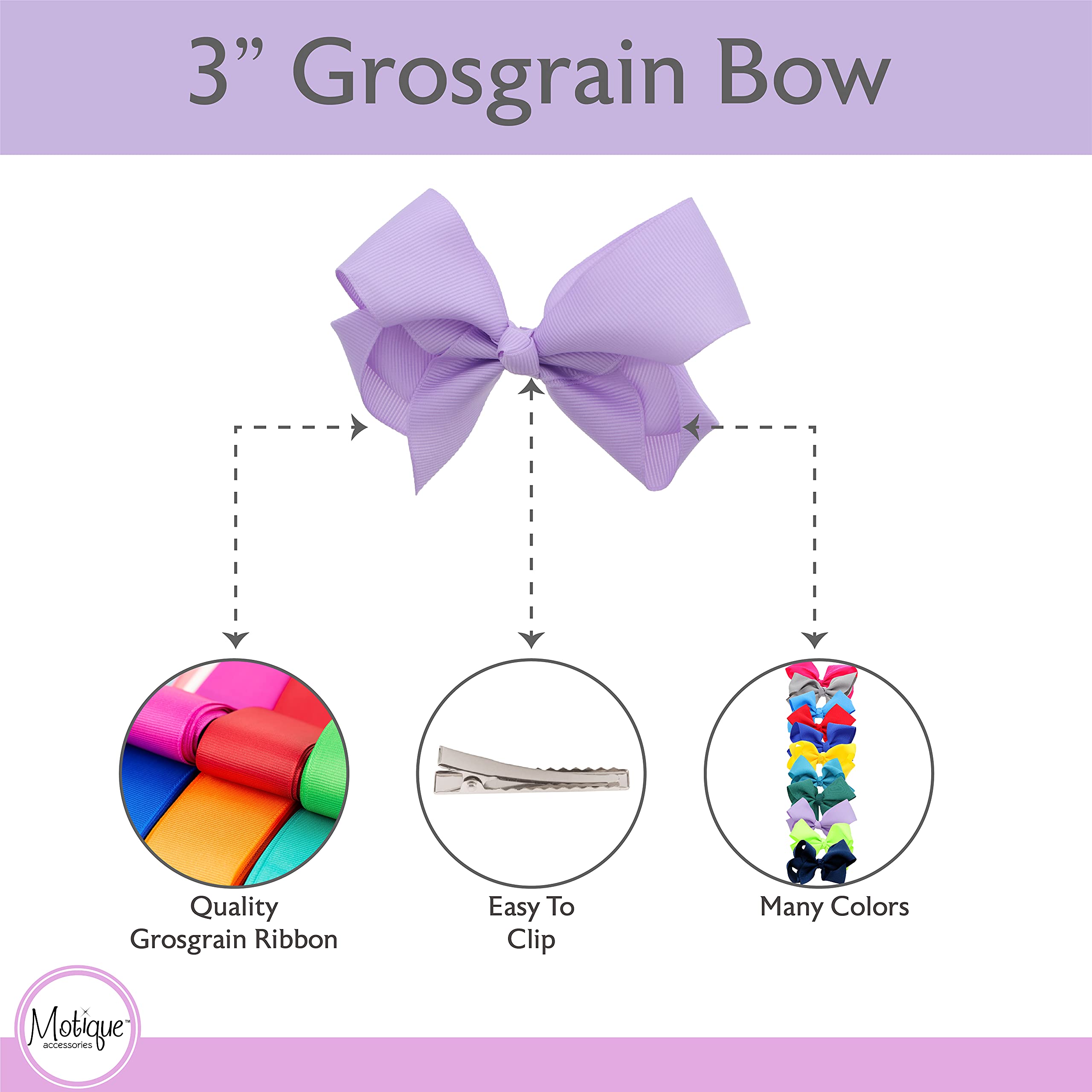 Primer plano del lazo grosgrain lavanda, textura y acabado en Motique Accessories