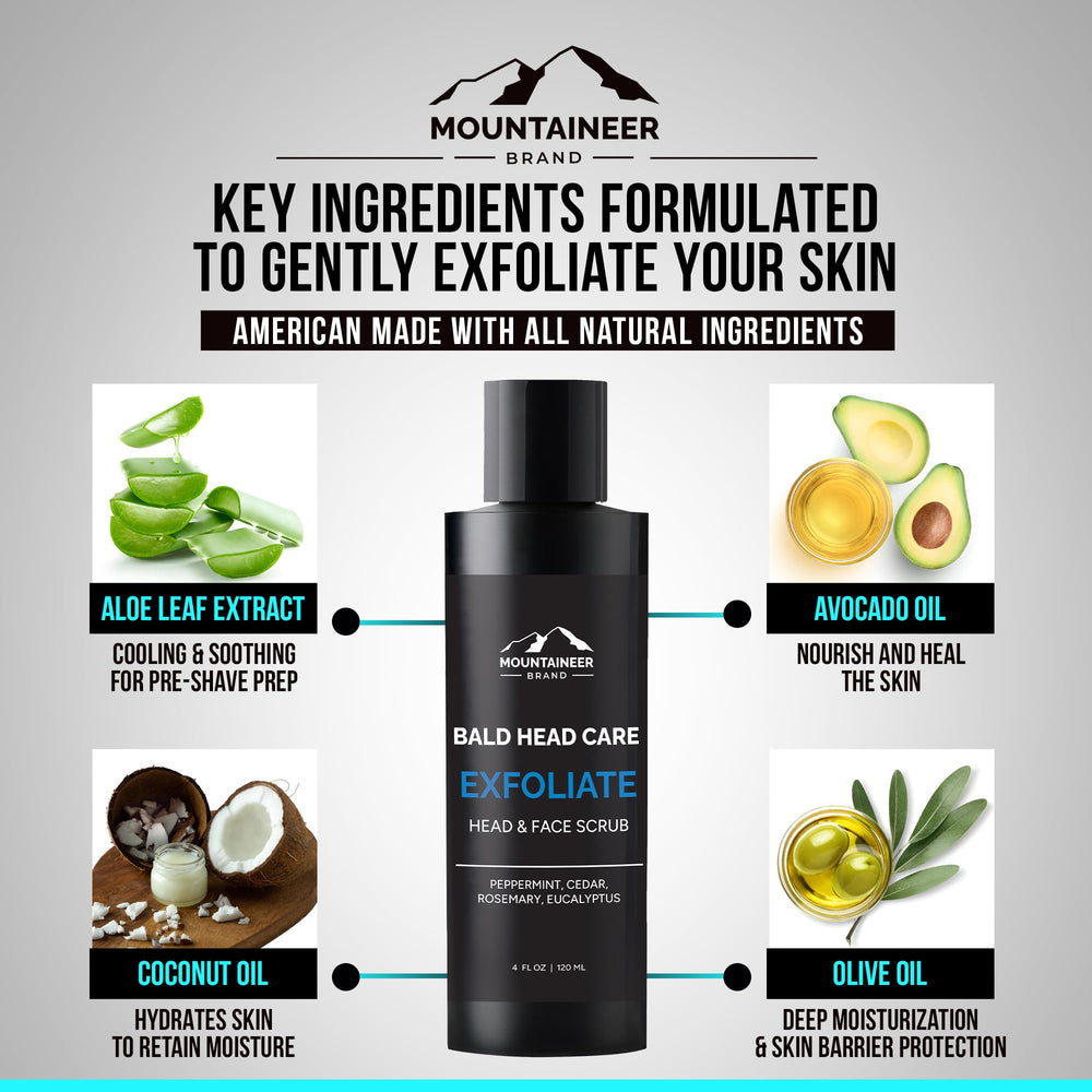 Mountaineer Brand aroma fresco, exfoliante para cabeza calva, experiencia agradable.