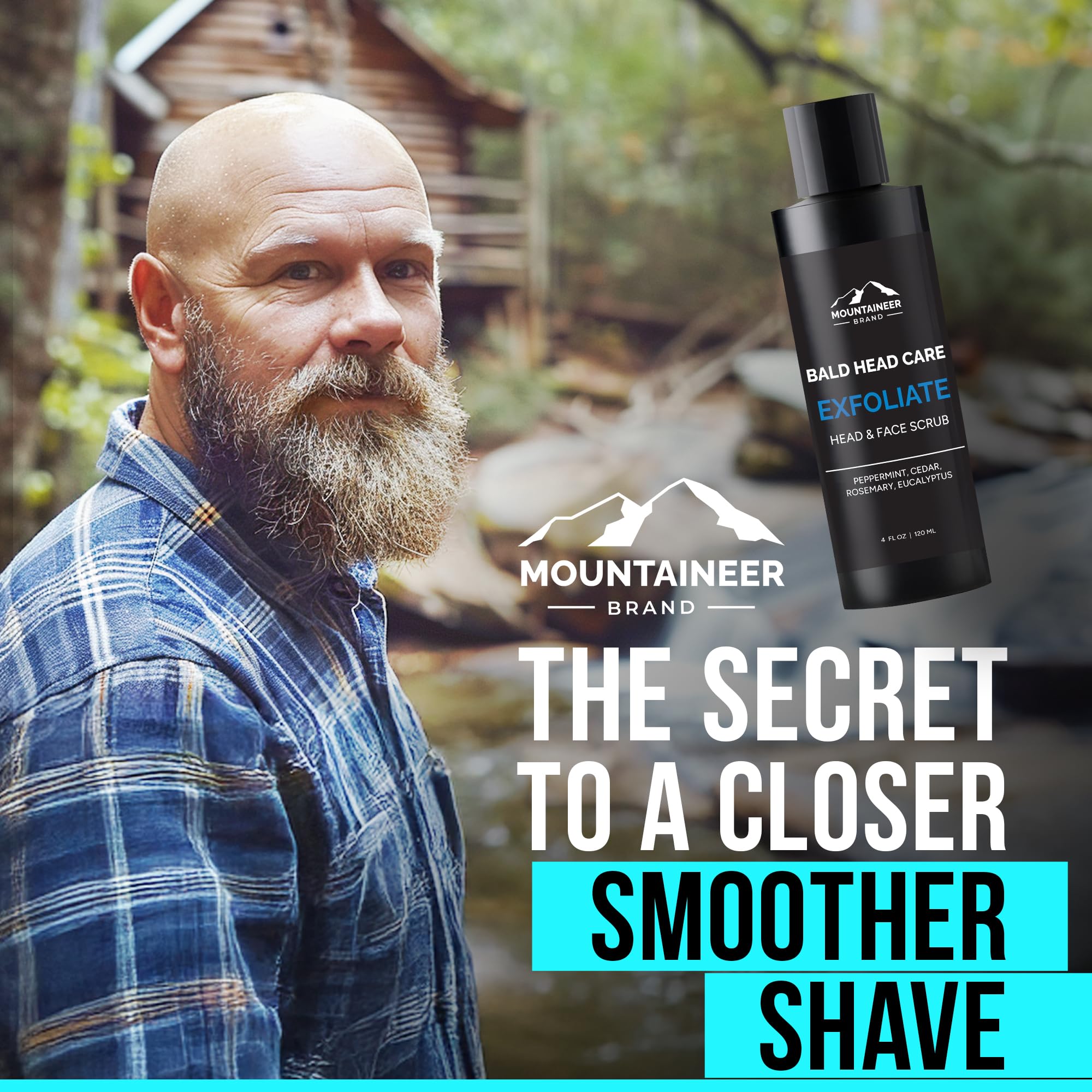 Mountaineer Brand textura sedosa exfoliante para cabeza calva, sensación suave.
