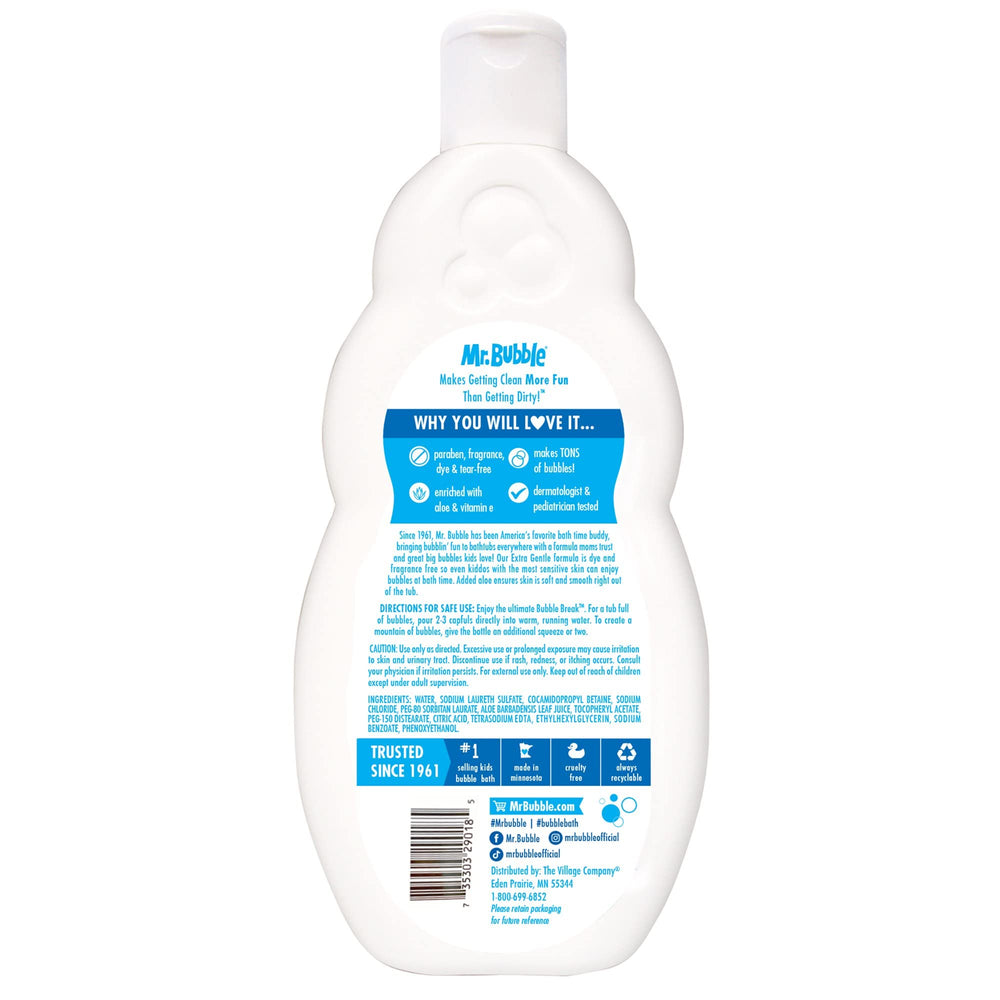 Mr. Bubble Bath Extra Gentle, burbujas densas para juego seguro y limpio.