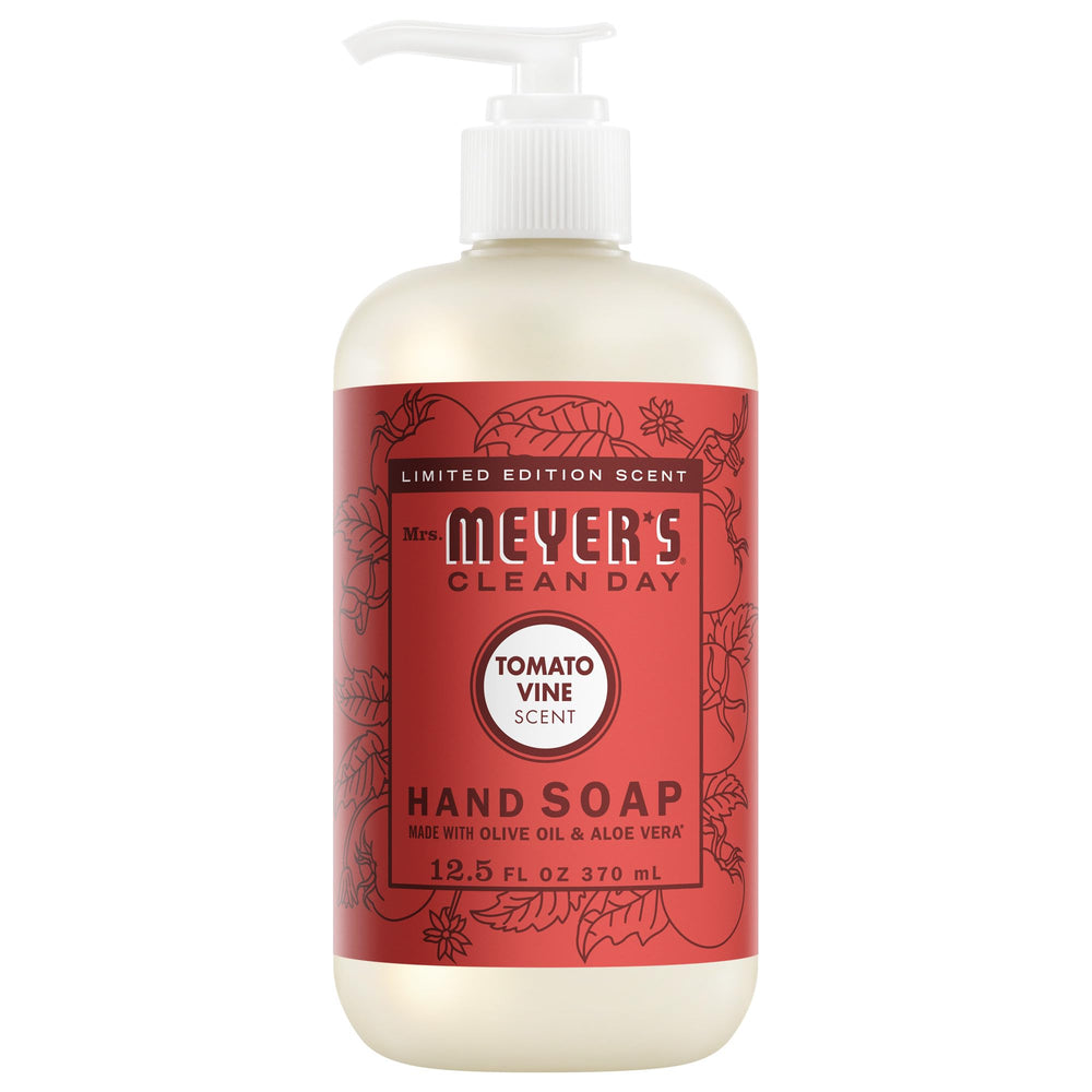 Jabón de manos MRS MEYER'S Clean Day Tomato Vine en botella, limpieza suave diaria.