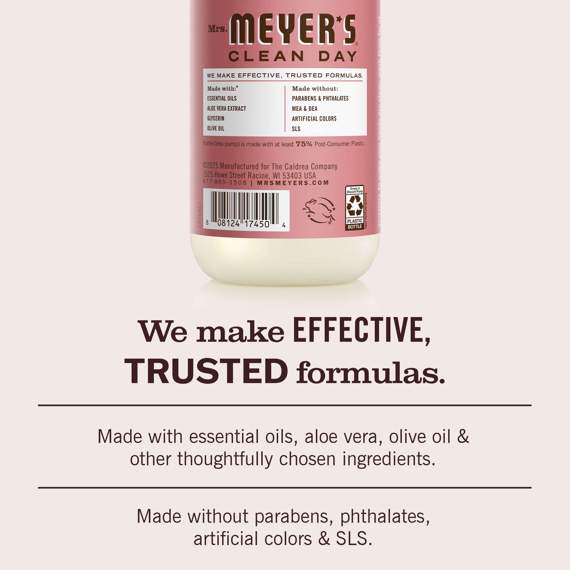 Ingredientes naturales: aloe vera y aceite de oliva en romero de Mrs. Meyer's.