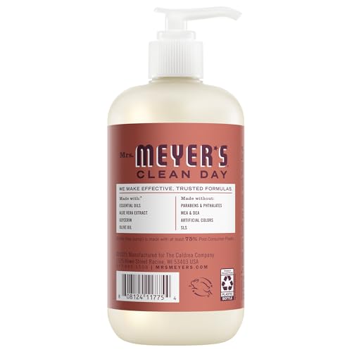 Mrs. Meyer's Jabon de Manos contiene aceites esenciales para una sensación refrescante.
