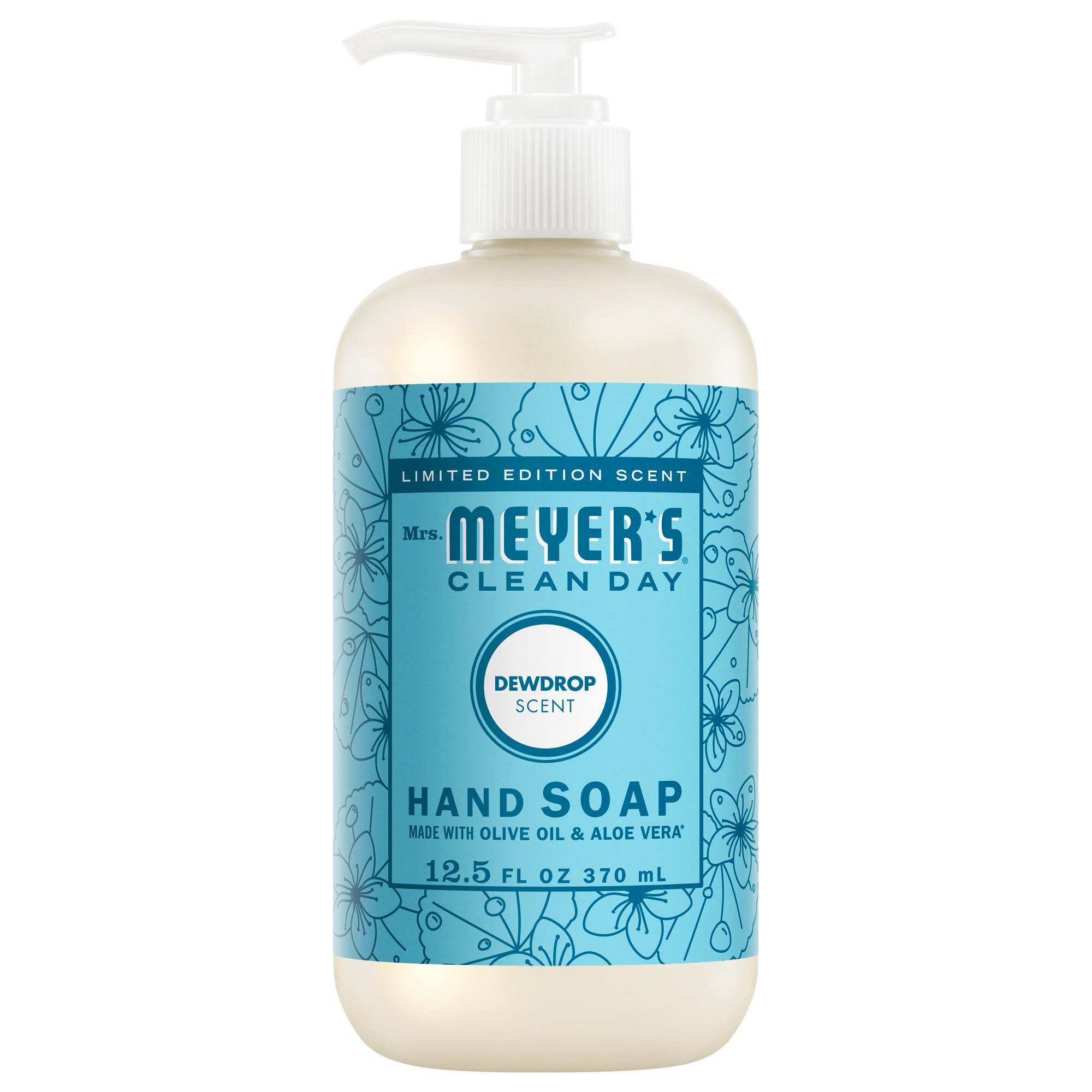 Jabón líquido Mrs. Meyer's Clean Day con rocío, botella visible para uso diario