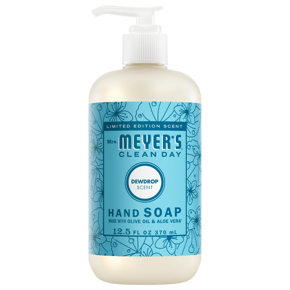 Jabón líquido Mrs. Meyer's Clean Day con rocío, botella visible para uso diario