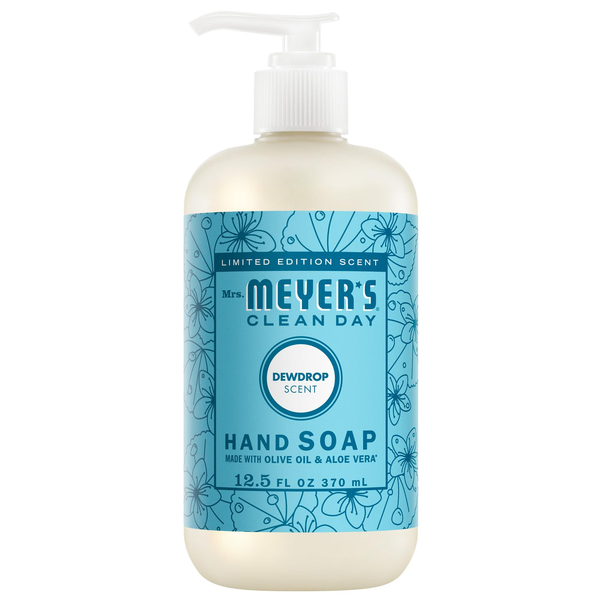 Jabón líquido Mrs. Meyer's Clean Day con rocío, botella visible para uso diario