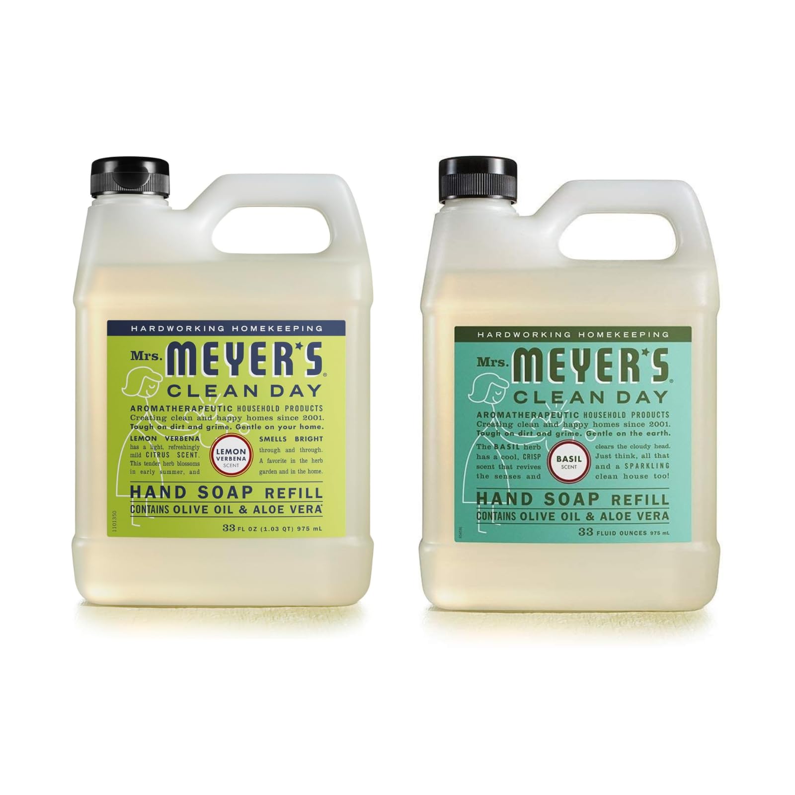 Jabón de manos recambio Albahaca de Mrs. Meyer's, frente de botella, aroma fresco.