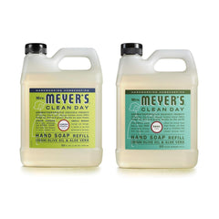 Jabón de manos recambio Albahaca de Mrs. Meyer's, frente de botella, aroma fresco.