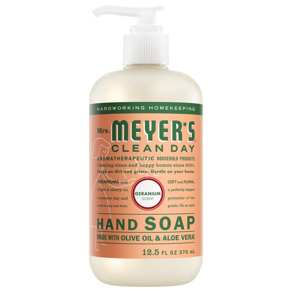 Jabón de manos Mrs. Meyer’s Clean Day frente a la botella aroma geranio para uso diario
