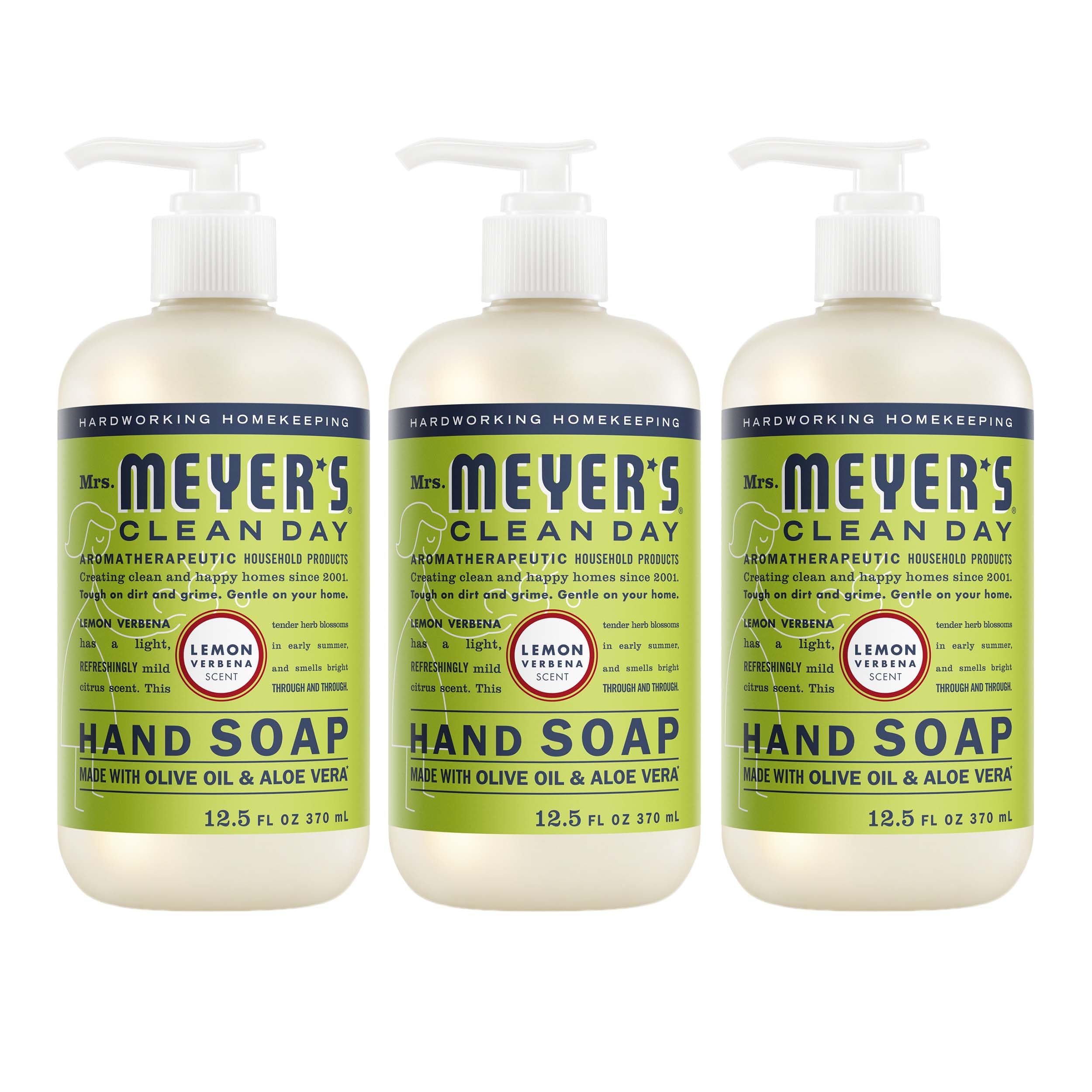 Jabón de manos MRS. MEYER'S CLEAN DAY, botella frontal, limpieza suave.