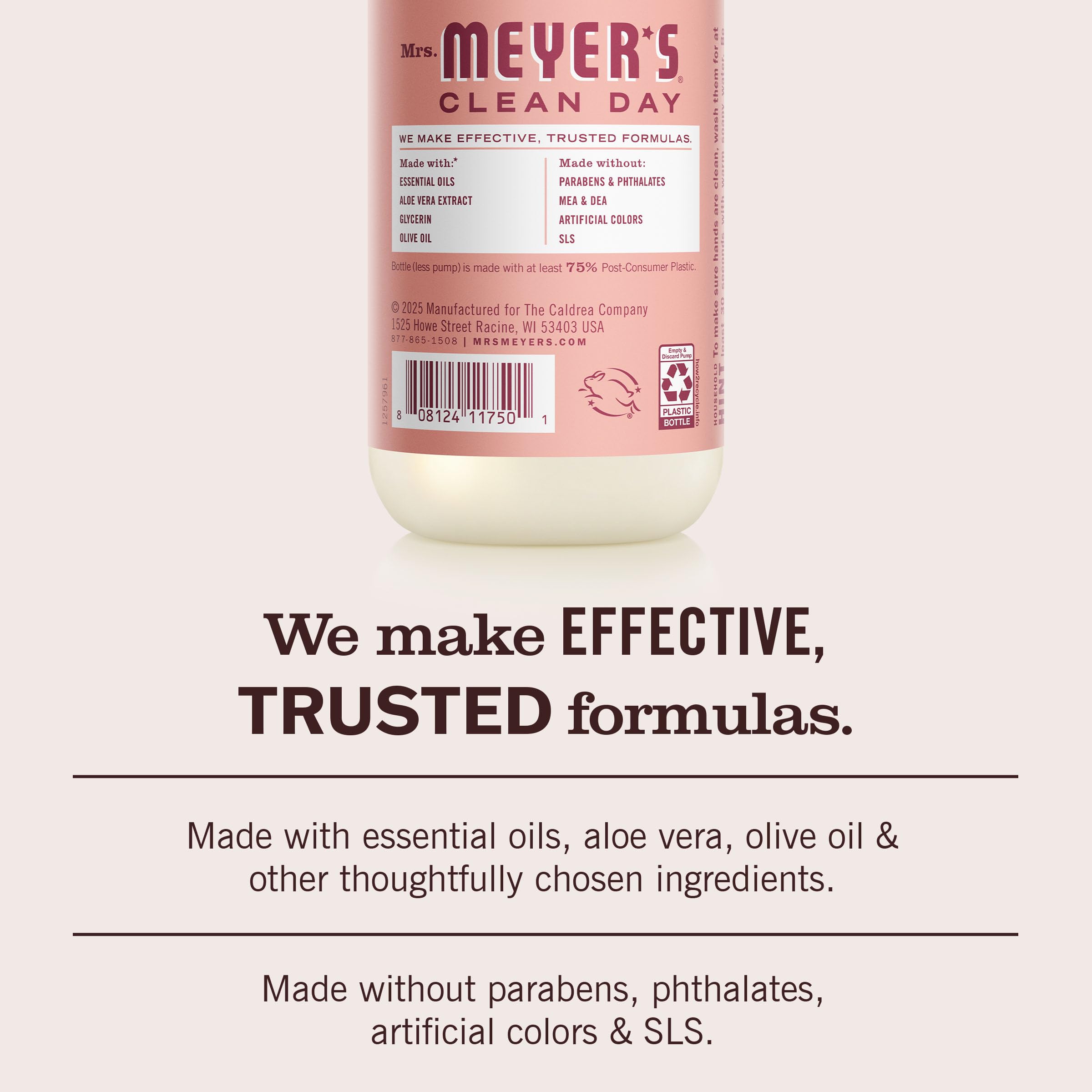 MRS. MEYER'S CLEAN DAY Rosa, ingredientes naturales resaltados para cuidado de la piel.