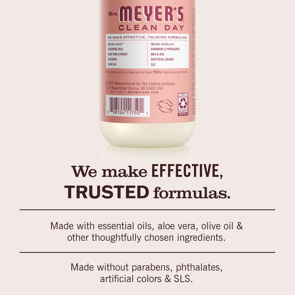 MRS. MEYER'S CLEAN DAY Rosa, ingredientes naturales resaltados para cuidado de la piel.