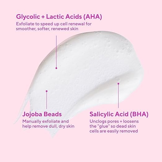 Murad limpiador exfoliante: contiene acidos salicilico, lactico y glicólico para poros refinados.