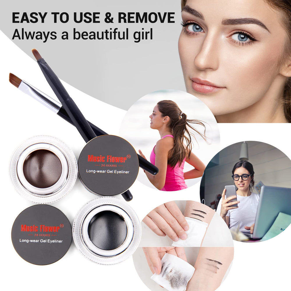Music Flower gel eyeliner incluye dos brochas para cejas y ojos.