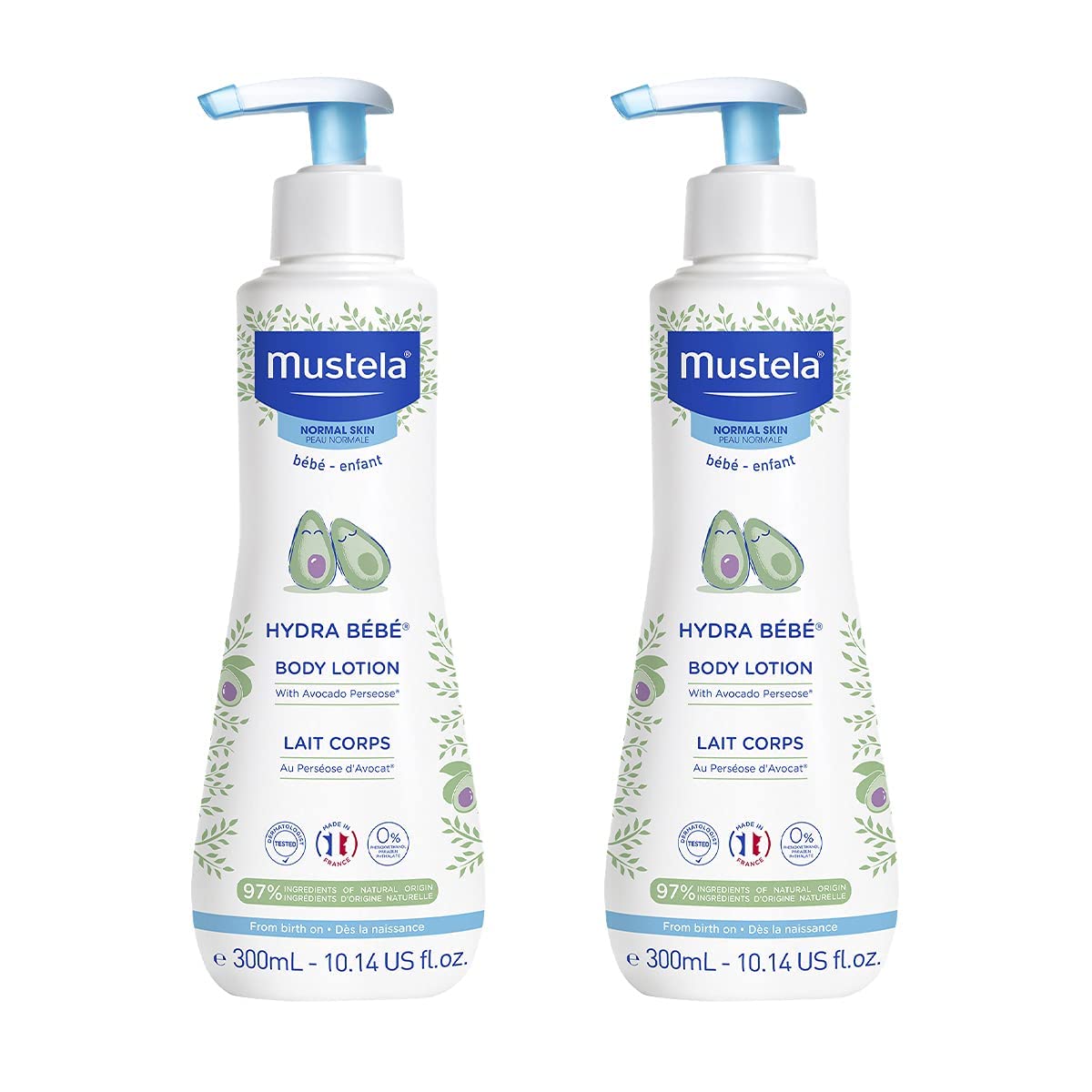 Mustela Hydra Bébé loción corporal diaria con absorción rápida para piel suave.