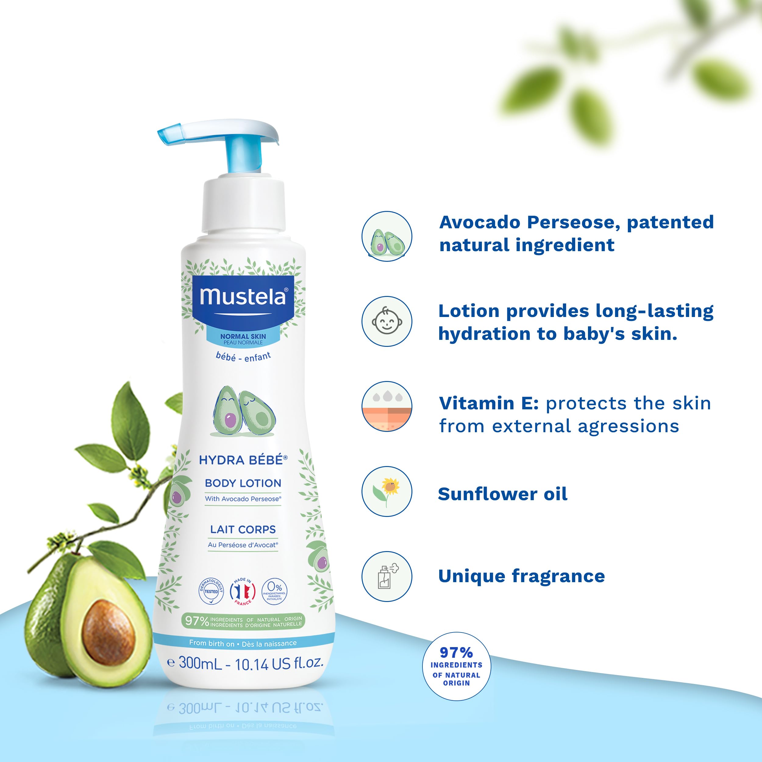 Mustela Hydra Bébé textura de rápida absorción para piel delicada del bebé.