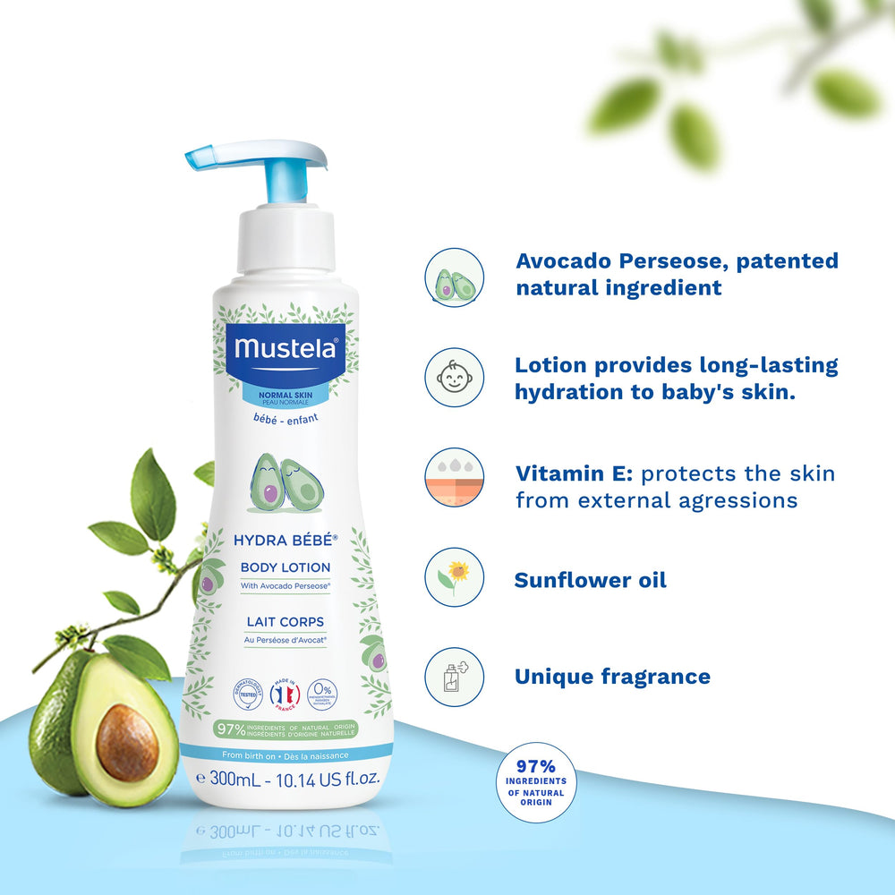 Mustela Hydra Bébé textura de rápida absorción para piel delicada del bebé.