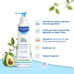 Mustela Hydra Bébé textura de rápida absorción para piel delicada del bebé.